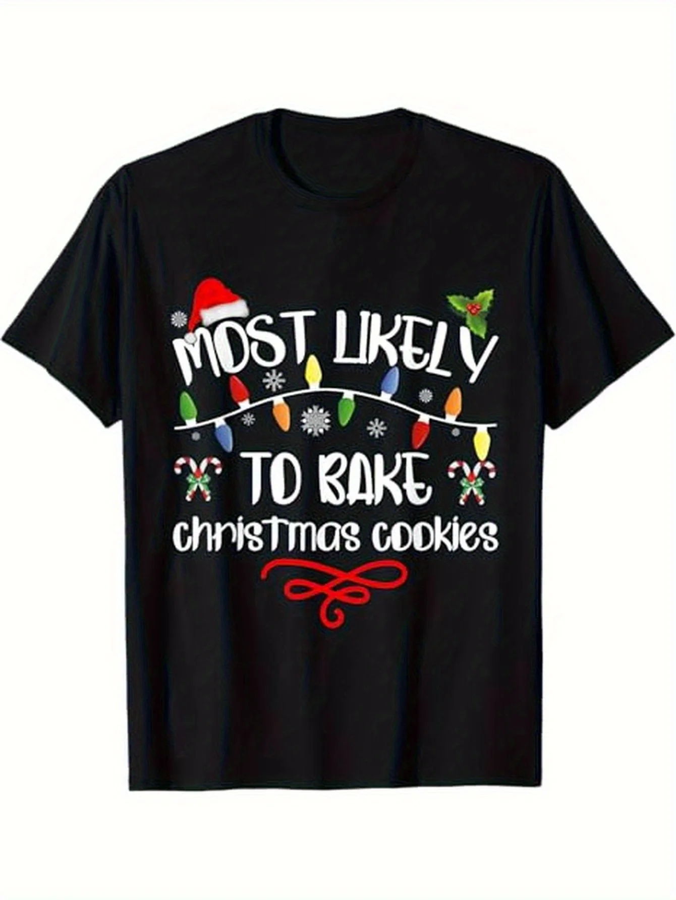 Herren-T-Shirt mit Vintage-Weihnachtsmuster – „Most Likely to Bake Christmas“, schwarzes, kurzärmliges Oberteil mit Rundhalsausschnitt