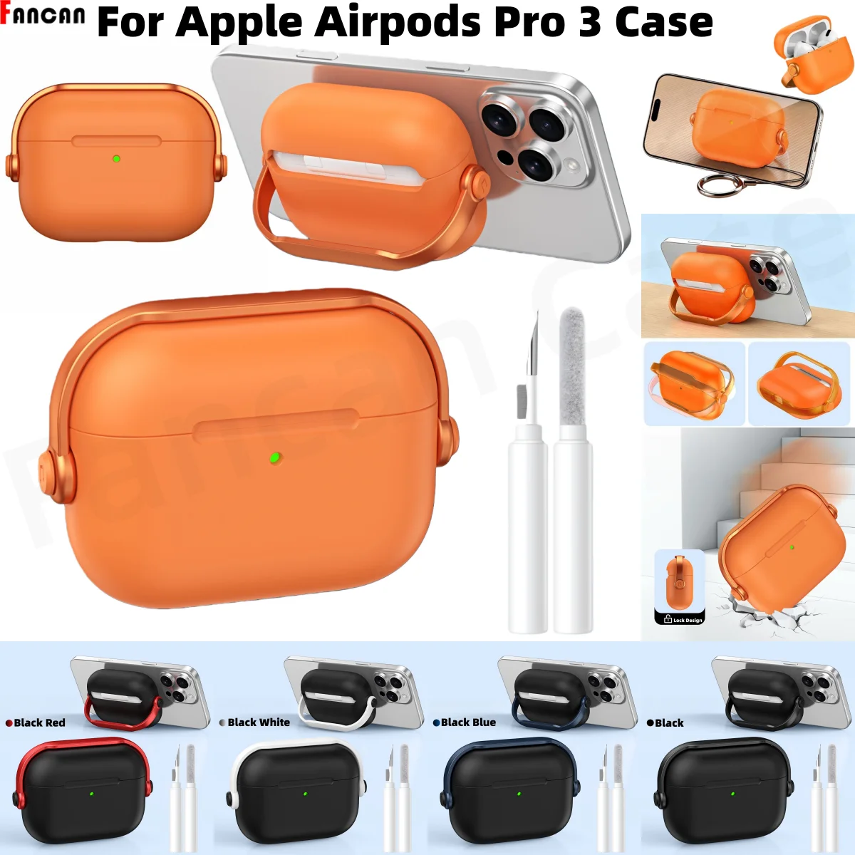 [안전 잠금 링 포함] 에어팟 프로 3 케이스 커버 폰 스탠드 디자인 소프트 TPU 보호 케이스 클리너 키트 포함