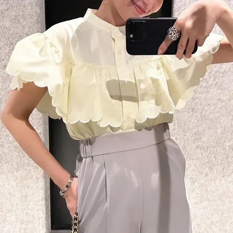 2025 New Flying Sleeve Shirts & Blouses Embroidery Blusas Japan Single Breasted Camisas Solid All Match Ropa Mujer Summer Tops