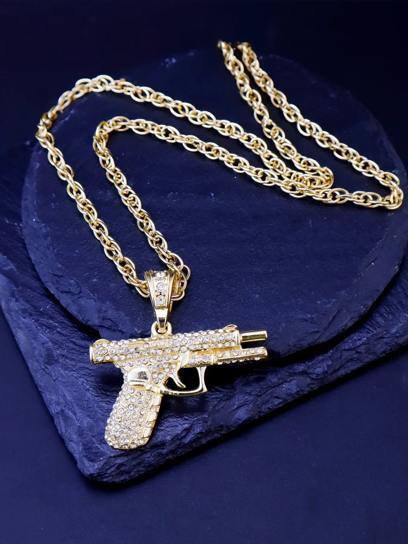 Men Rhinestone Gun Charm Necklace
