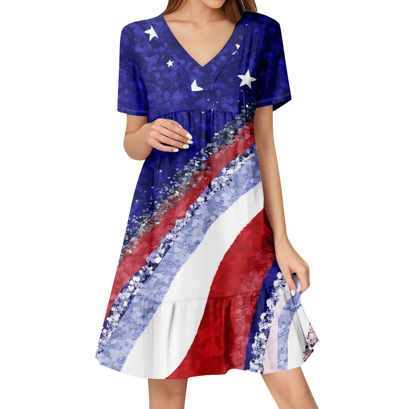 Womens Summer Dress Short Sleeve V Neck Short Dresses Fashion Casual Flowy Boho Ruffle A Line Swing Sundress Summer Dresses