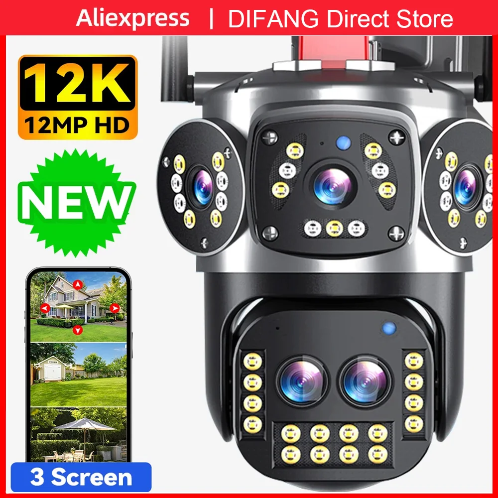 8K WIFI IP Camera Outdoor 10X Optical Zoom HD Automatic Tracking PTZ Four Lens Three Screen 15MP Waterproof Security Camera CCTV