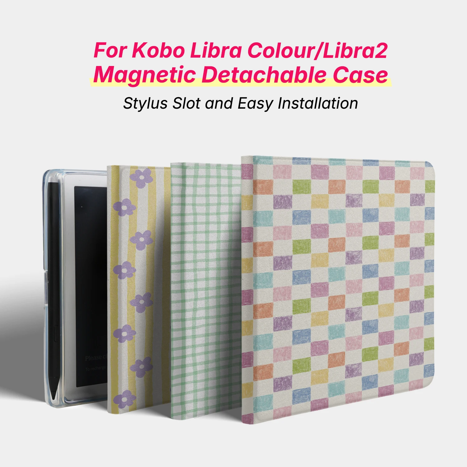 Murmole for Kobo Libra Colour Libra2 Detachable Magnetic Case Cover Acrylic Clear Back Sleep Floral Grid
