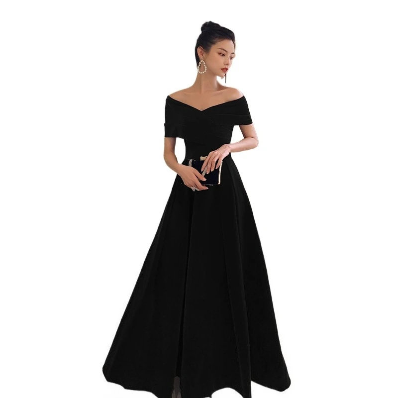 Frech Vintage Off Shoulder Ruched Velvet Formal Evening Party Dress Black