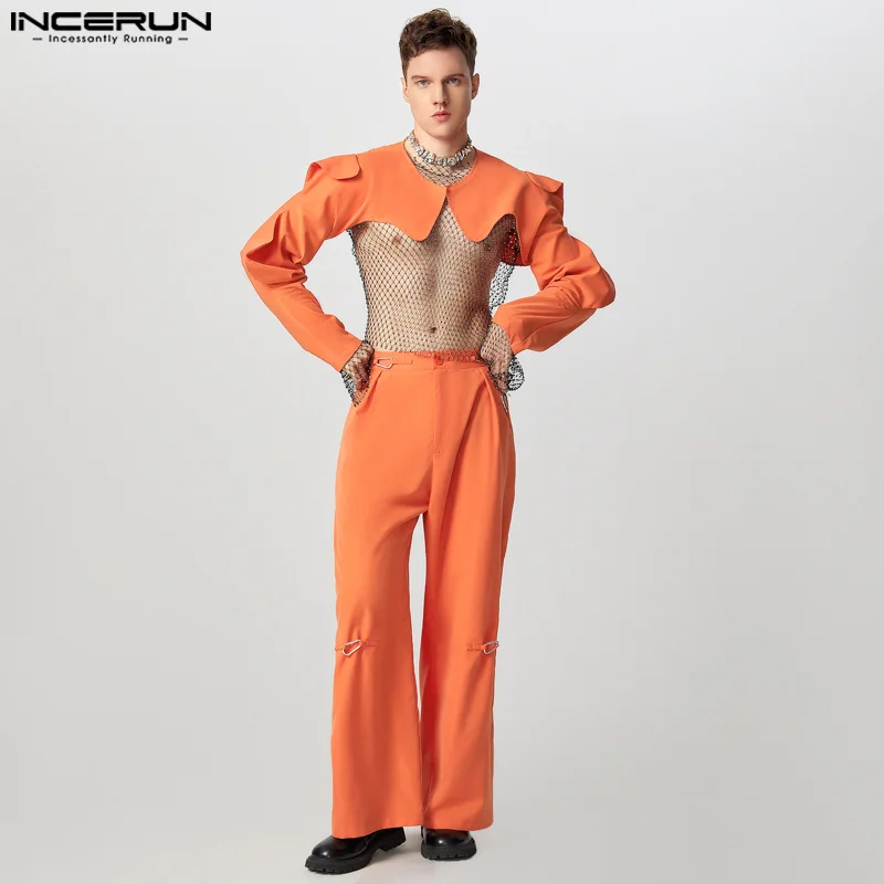 Sexy Stylish Style Tops INCERUN New Men's Cropped Sleeved Tops Straight Leg Pant Casual Clubwear Male Solid Two-piece Sets S-5XL