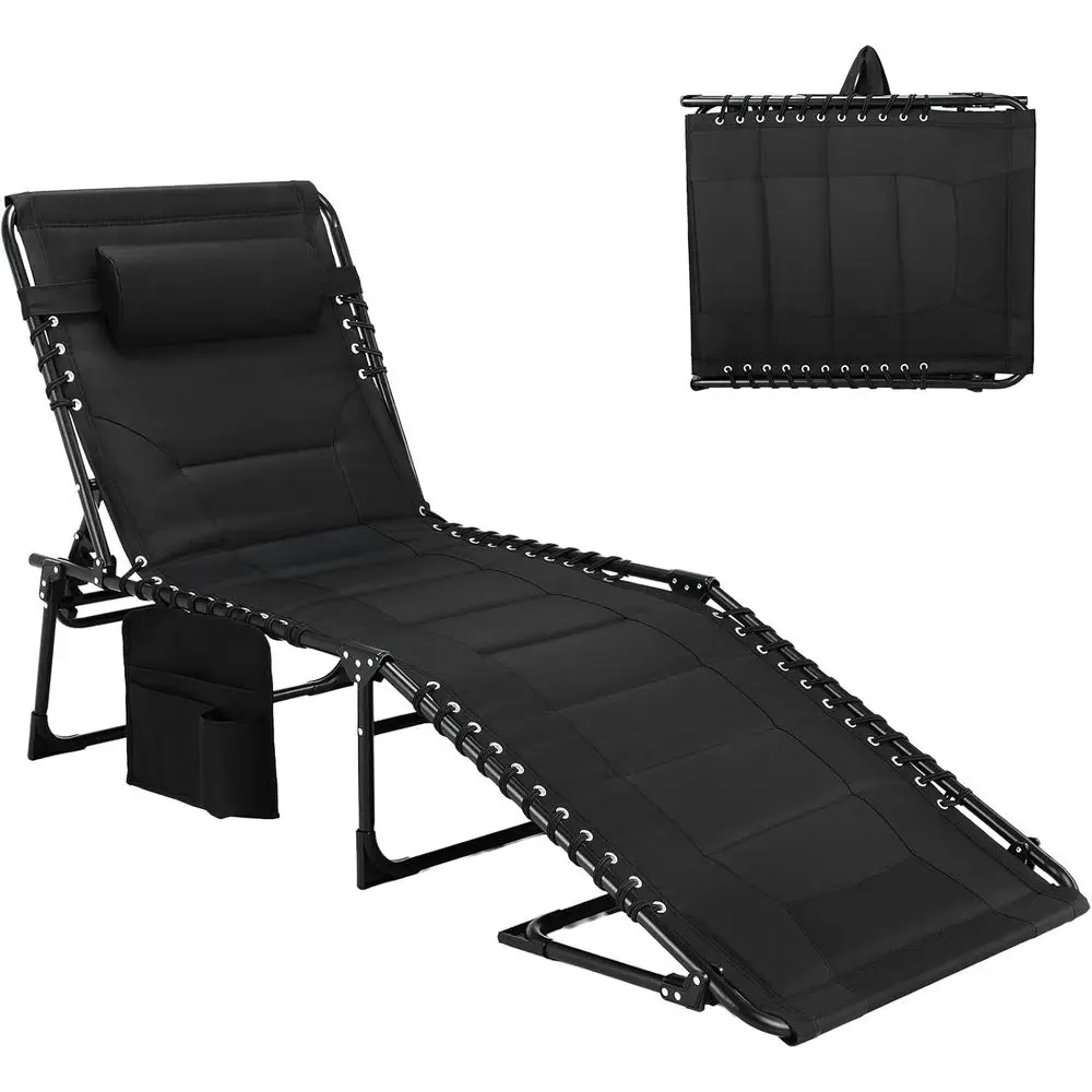 

Adjustable 5-Position Outdoor Reclining Lounge Chair with Pillow and Side Pocket, Ideal for Beach or Pool (Black)