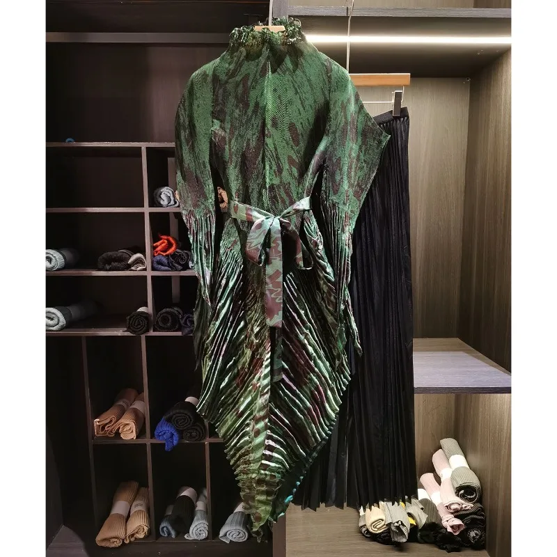 

Miyake Pleated Skirt Set 2026 New Style Tie Neck Irregular Tie Top with Elastic Pleated Wide-Leg Pants Plus Size Women Clothing