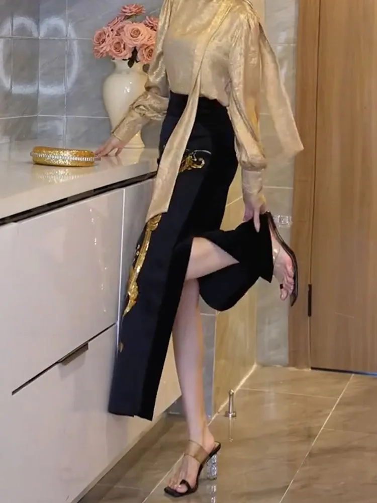 Ele Dragon Pattern Borduurwerk Hoge taille Asymmetrische split-bodycon rok voor herfst-winterseizoen Nieuwe retro Chinese Sle