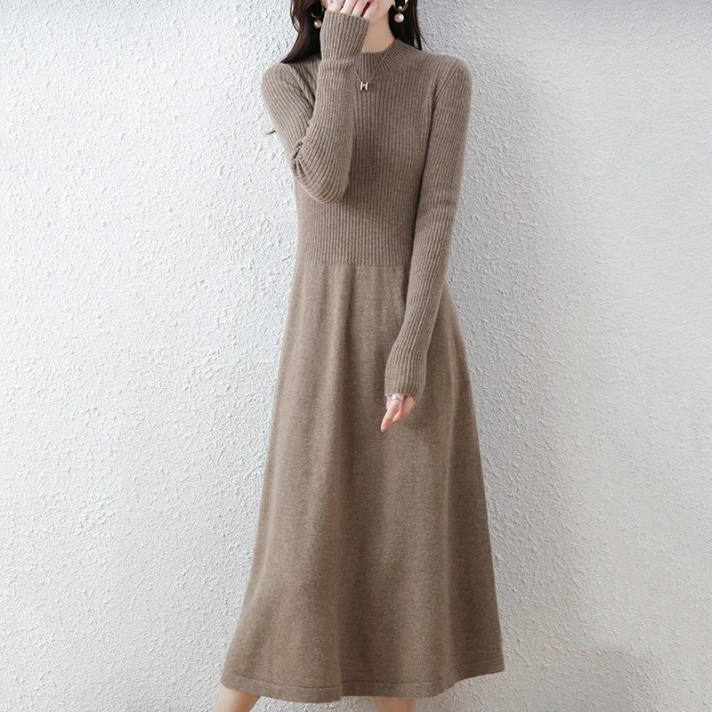 

Pure wool dress new elegant half turtleneck casual bottoming sleeve sweaters long skirt