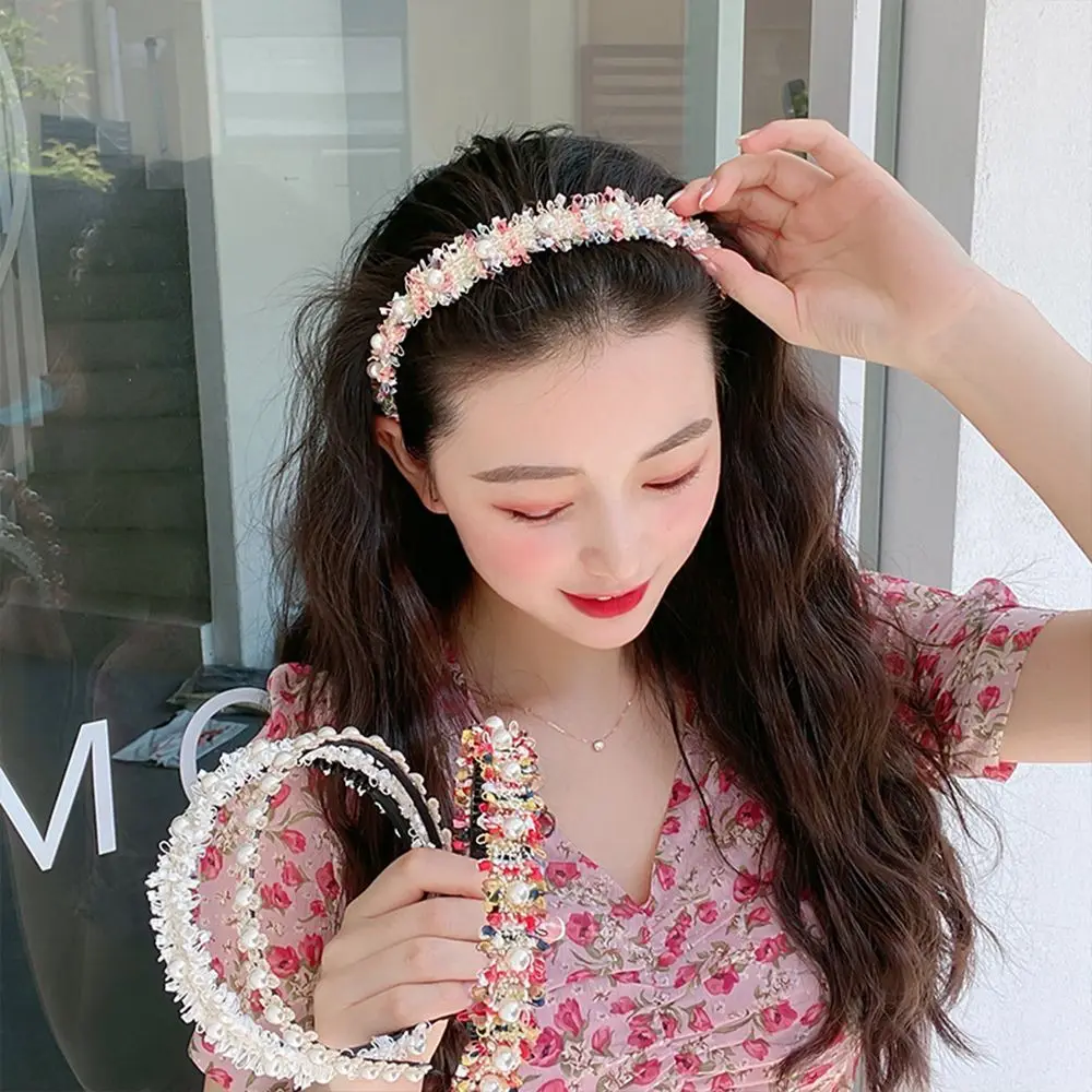 Elegant Pearl Headwear Headress Hair Accessories Wide Hair Hoop Woven Hairband Women Headband Korean Style Hairband