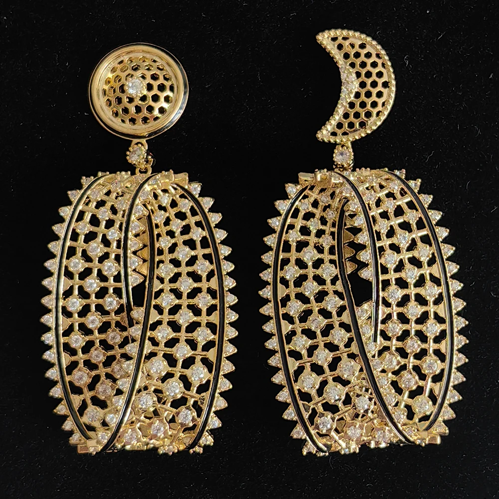 Silver Gold Plated Filigree Lace Cubic Zirconia Dangle Earrings for Women Elegant Shiny Vintage Hollow Statement Earrings Party