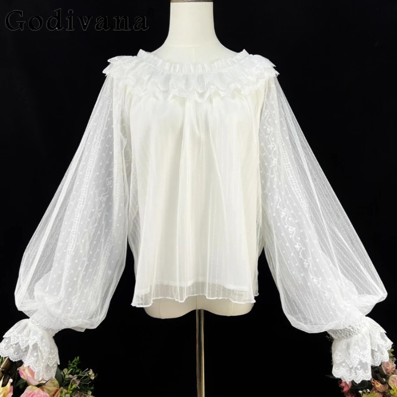 

Lolita Gauze Long-sleeved Elastic Collar Spring Autumn Chiffon Blouse New Lantern Sleeve Round Neck Loose Age-reducing Lace Top