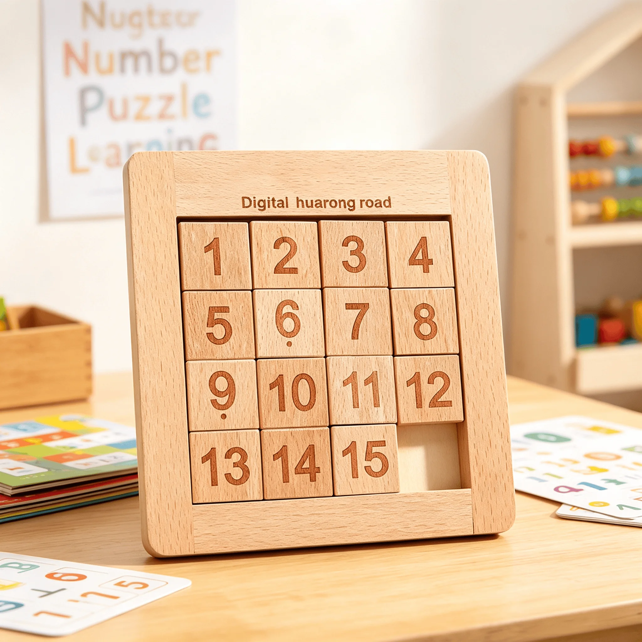 Children's Montessori Wooden 15-Piece Number Sliding Puzzle Logic Puzzle Desktop Game Laser Engraved Educational Toy 3 Years+