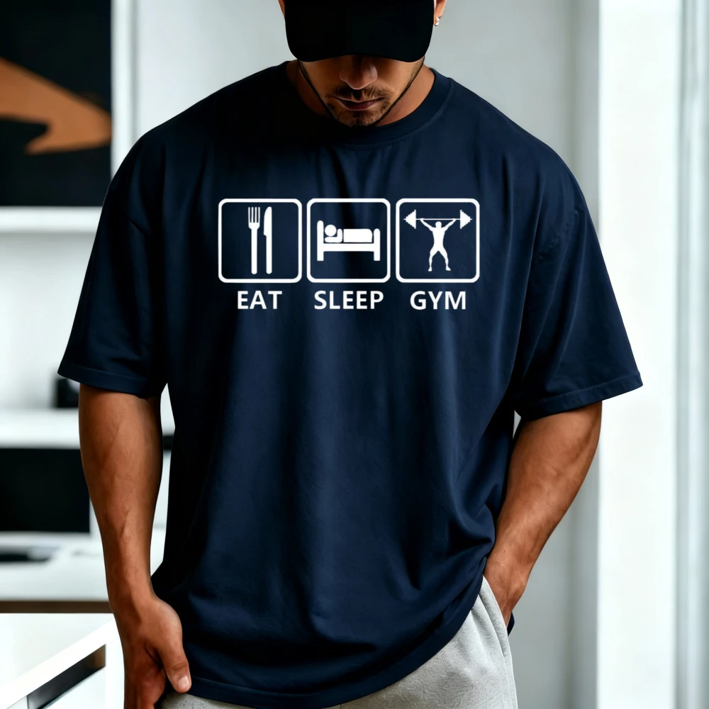 Eat Sleep Gym T Shirt Funny Workout Bodybuilding Fitness Squat Bench Weights TShirt Casual Fashion Loose Cotton Man Women Tees