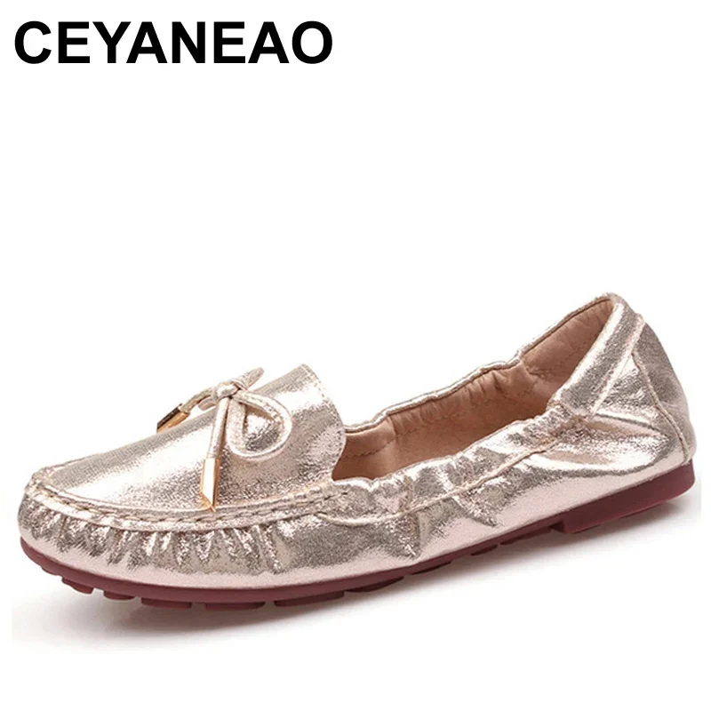 Ceyaneao-女性用の蝶ネクタイ付きフラットシューズ,シルバーゴールドモカシン,カジュアル,レースなし,夏に最適,2019コレクション,1681