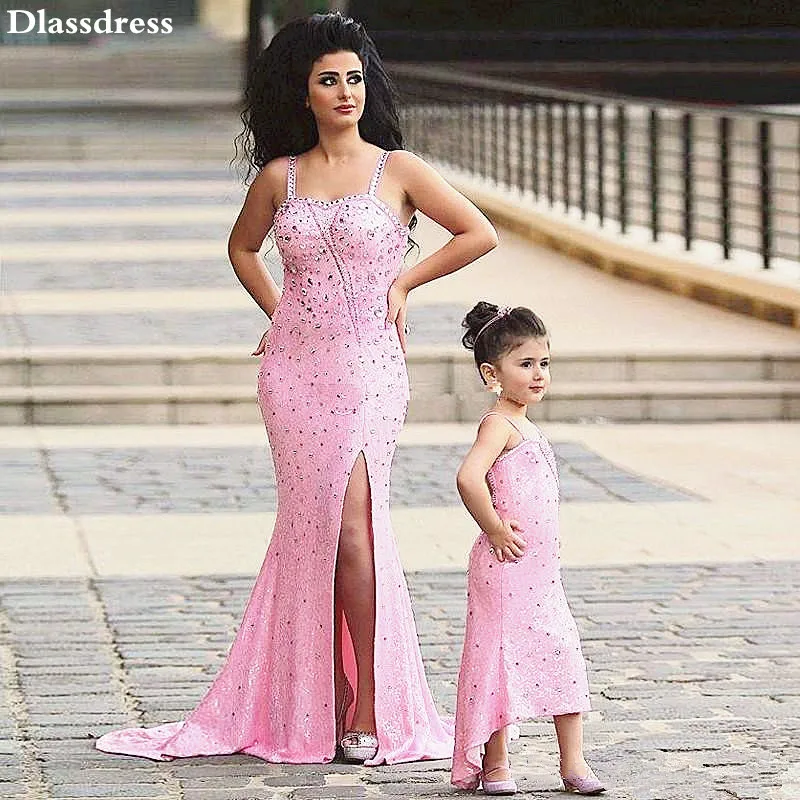 Prinses Roze Bloem Meisje Jurk 2020 Bead Mermaid Split Spaghettibandjes Sweep Trein Backless Avond Prom Dress Celebrity Jurk