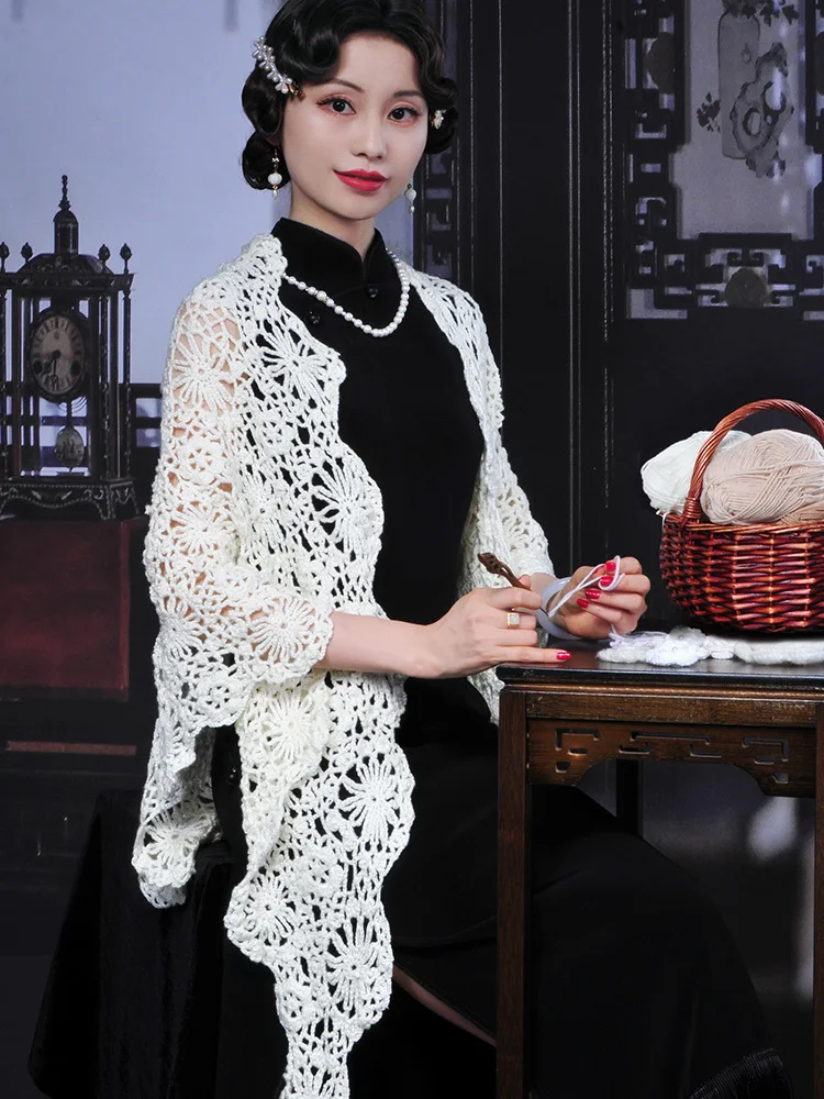 High End Handmade Shawl Crochet Flower Paired Cheongsam Cape  Qipao Shawl Knitted Top Wear Cardigan And Outerwear Dress Scarf