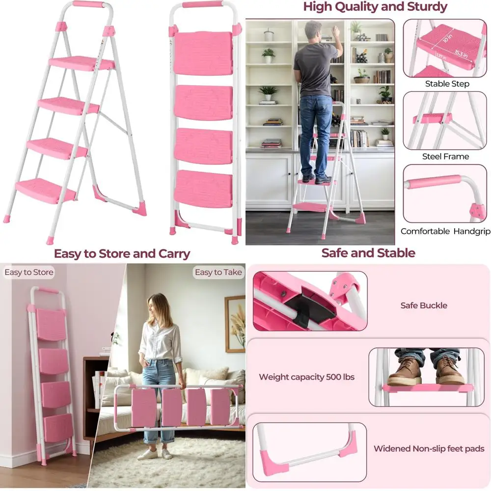 

широкоступенчатый складной табурет с противоскользящими ступеньками и прочной металлической конструкцией для безопасного и портативного использования.