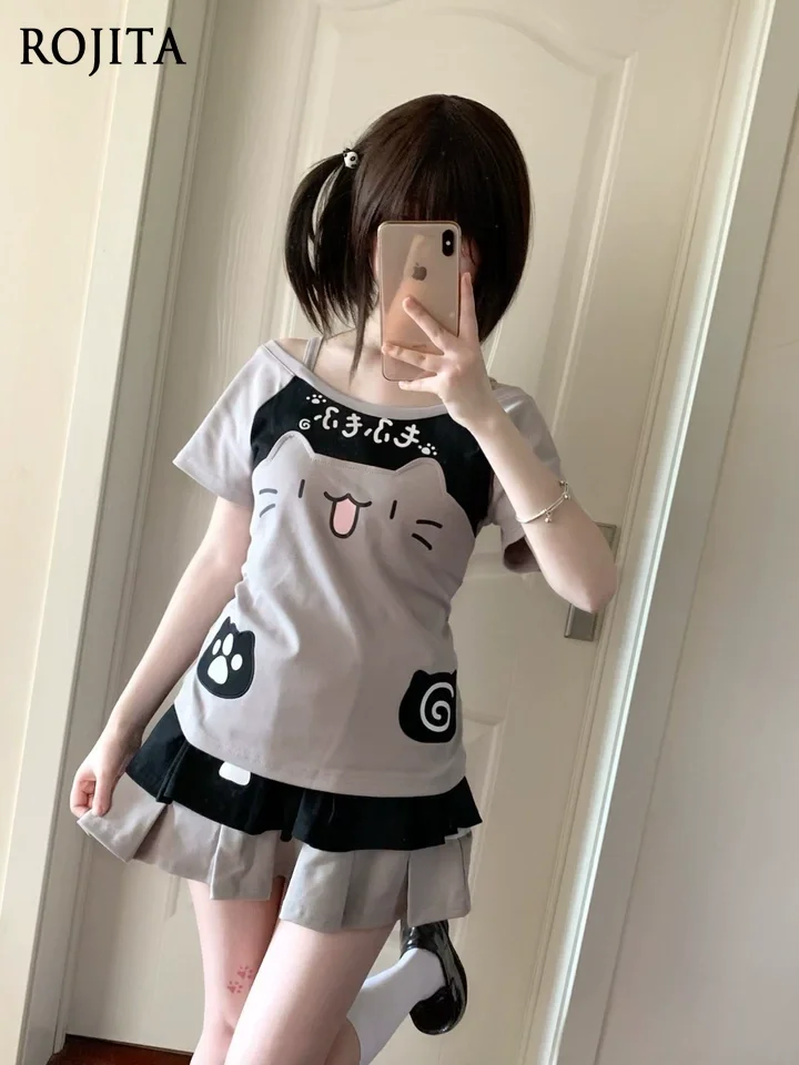 

Japanese Lolita Cute Cartoon Print Daily Off The Shoulder Collar Short Sleeved T Shirt Top Sweet Cake Mini Skirts Women