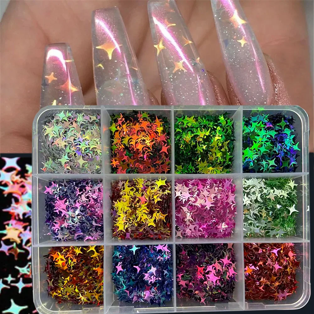 1*Big box Holographic Four-pointed Star Nail Paillettes Sparkly Laser Design Sequin Charm Glitter Flake Shinning Manicure Slice