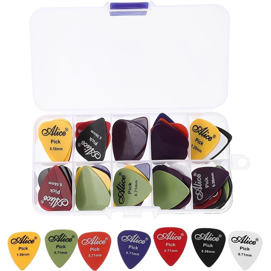30 Stück Alice Gitarrenplektren, sortiert, 0,58–1,50 mm, 6 Größen, bunte ABS-Plektren mit transparenter Aufbewahrungsbox für Akustik-JXB