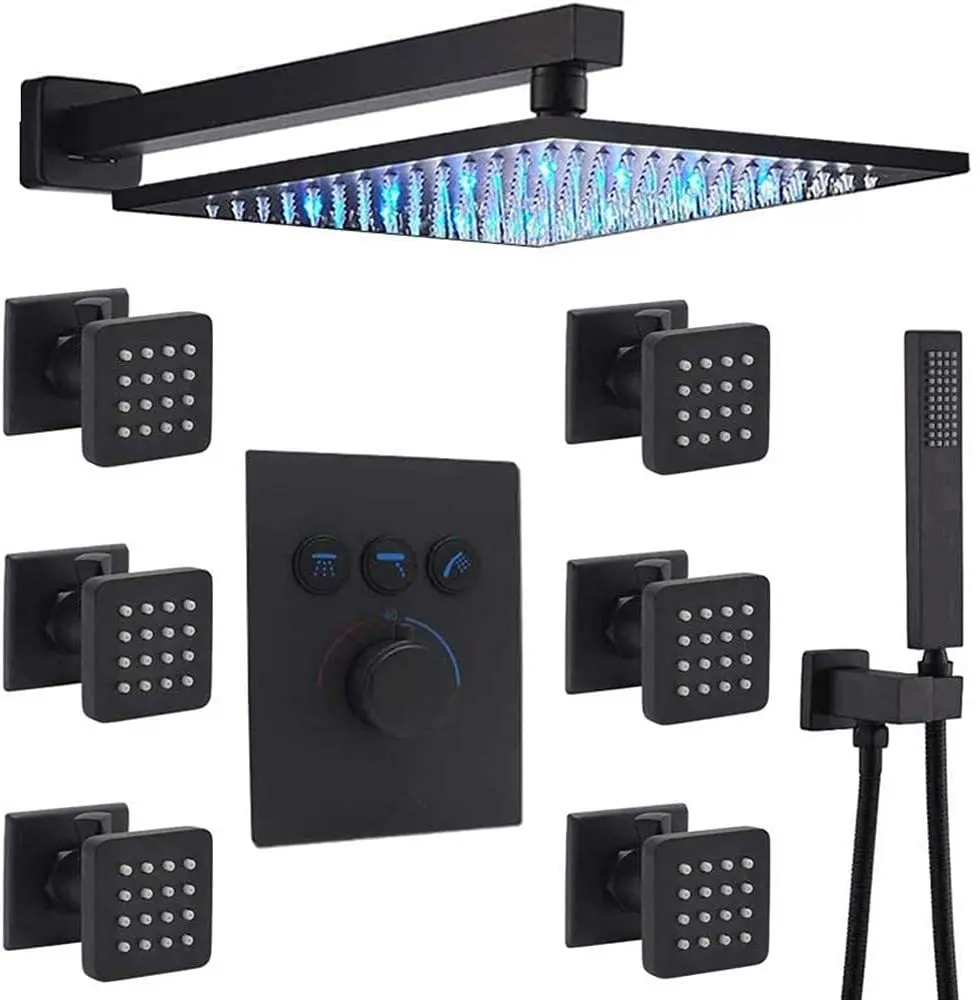 JDOOR 12 Inch Led Matte Black Wall Mount Rainfall Concealed Shower Faucet Set