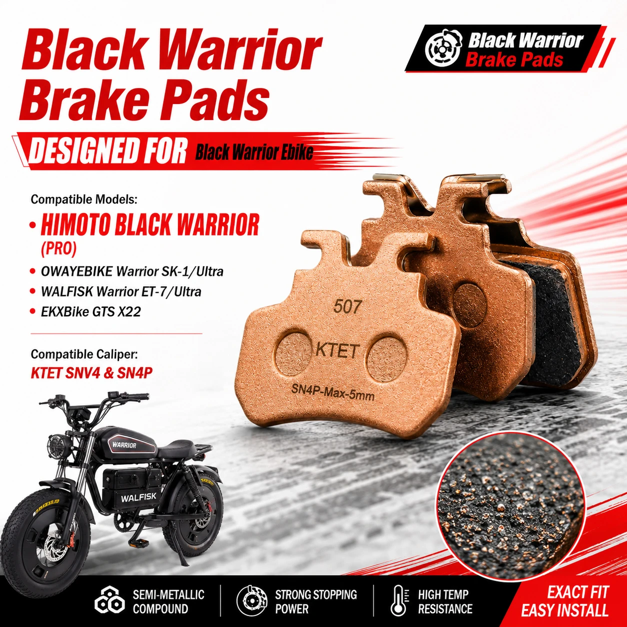 

Black Warrior Brake Pads Semi-Metallic Stealth Black for Himoto Black Warrior OWAYEBIKE SK-1 Ultra KTET SN-V4 XD-SN-4P Ebike