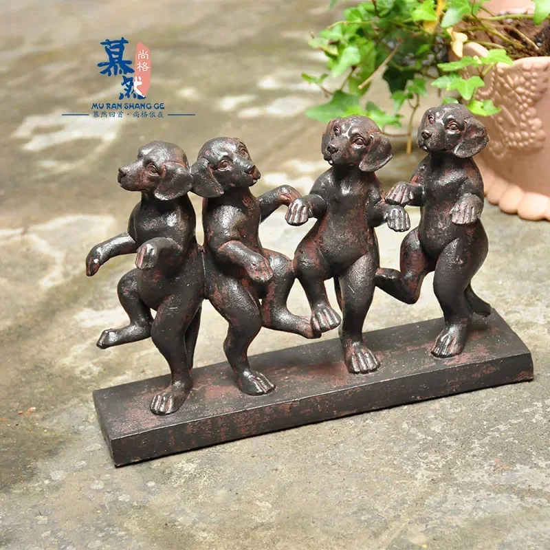 Retro Imitation Iron 4pcs Dancing Dog Figurines Fairy Garden Home Houses Decor Creative Animal Resin Crafts Accessories Gift