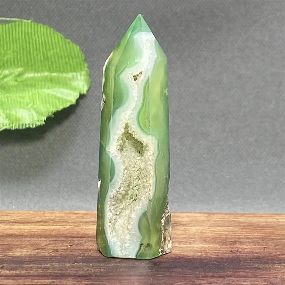 1PC Natural Green Cherry Blossom Agate Crystal Tower Glass Treatment Cherry Blossom Pyramid Obelisk
