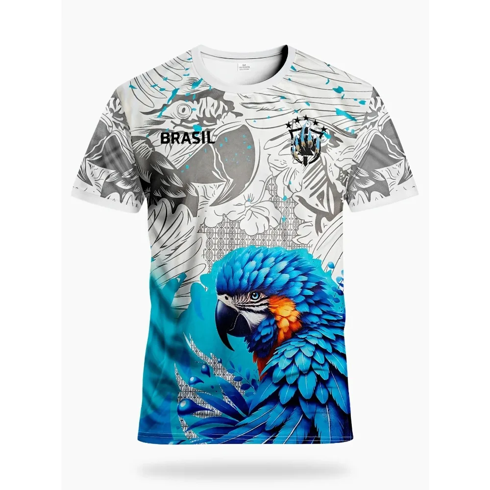 2026 Brazil Style Soccer Jersey T-shirt Blue Macaw Parrot Graphic Printed Round Neck Short Sleeve Summer Casual Tops for Unisex