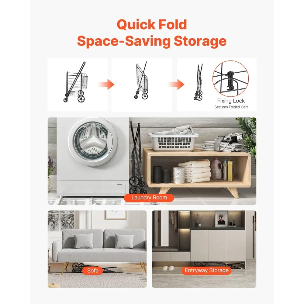 Carro de compras plegable gigante con cestas dobles, 360 °   Ruedas giratorias, capacidad de 110 libras para uso resistente