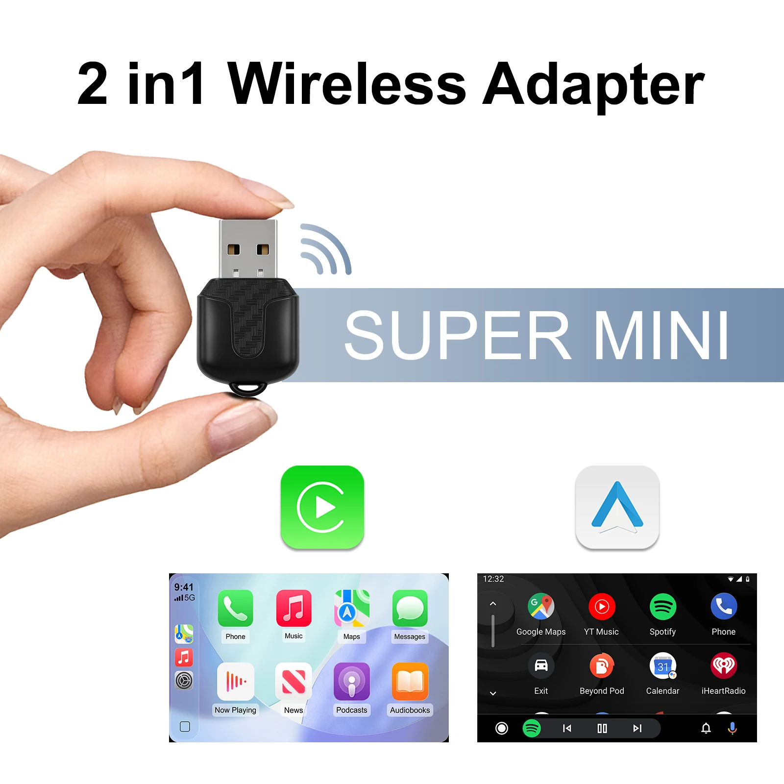EzoneTronics Kabelloser CarPlay Android Auto Adapter für werkseitig verkabelte Autos, Kabelloses CarPlay & Android Auto 2 in 1