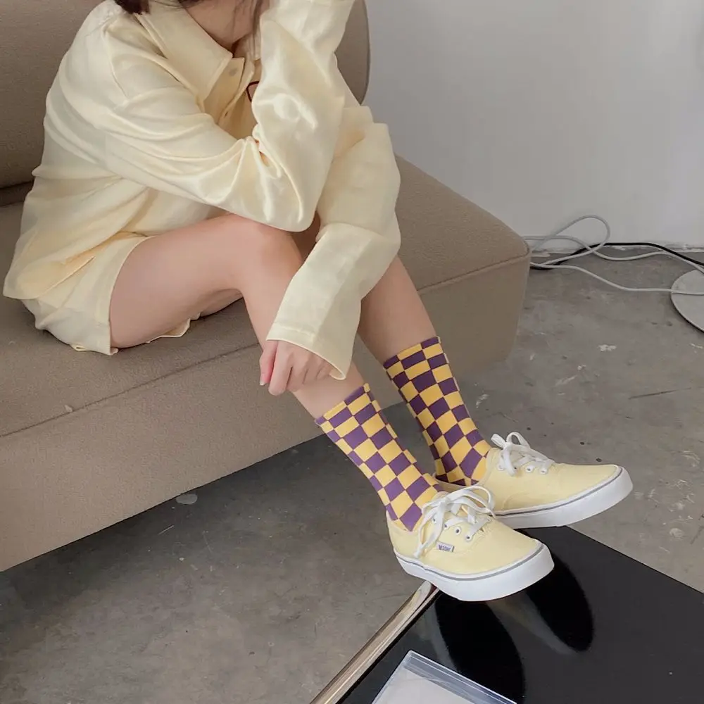 Harajuku checkerboard socks ladies hip pop streetwear cotton tube socks plaid hosiery college style Japanese trendy socks