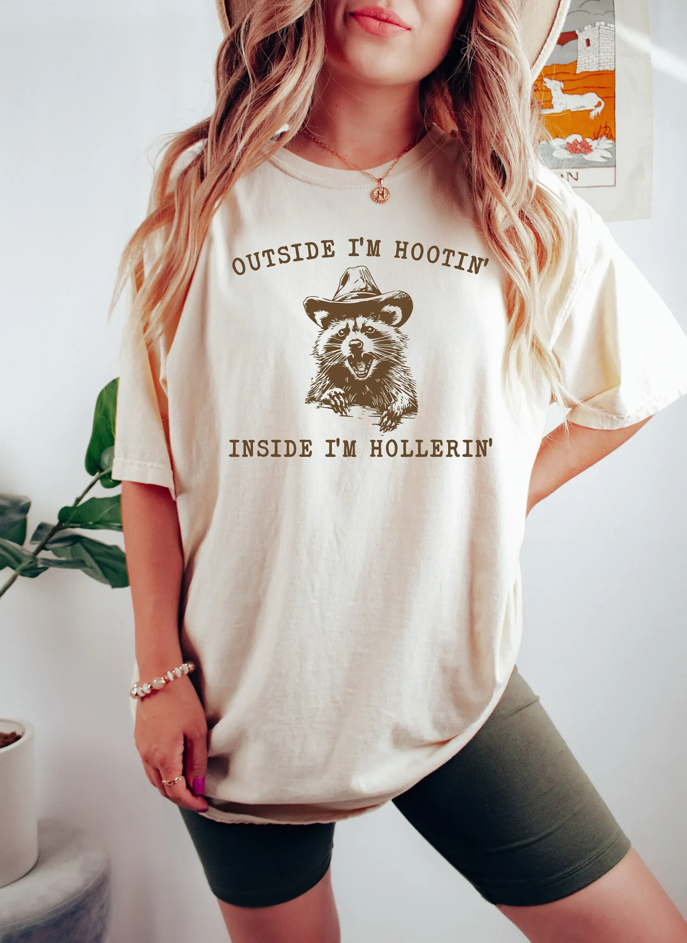 Outside I m Hootin But Inside Be Hollerin T Shirt Funny Meme Raccoon Cowboy Animal Western