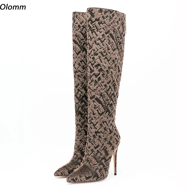 

Olomm Handmade Women Knee High Boots Back Zipper Stiletto Heels Pointed Toe Pretty Brown Party Shoes Women Plus US Size 5-15