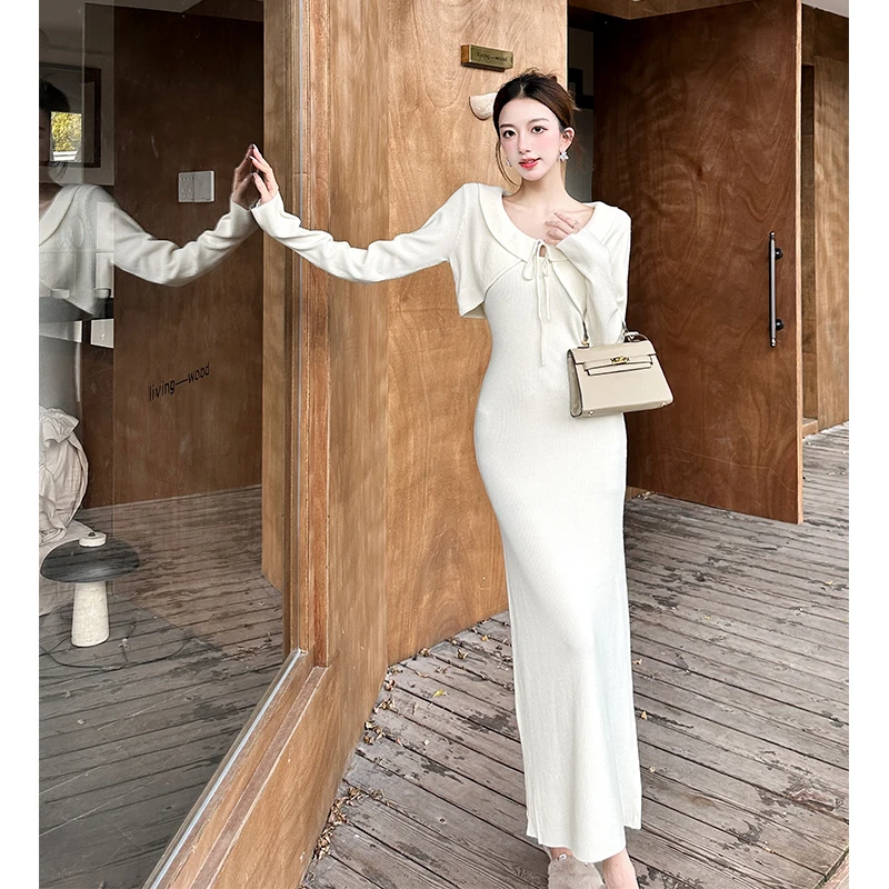 Nieuwe Herfst En Winter Zachte Stijl Modieuze Elegante Slanke Jarreteljurk + Gebreid Vest Pak 2-delige Sets Damesoutfits