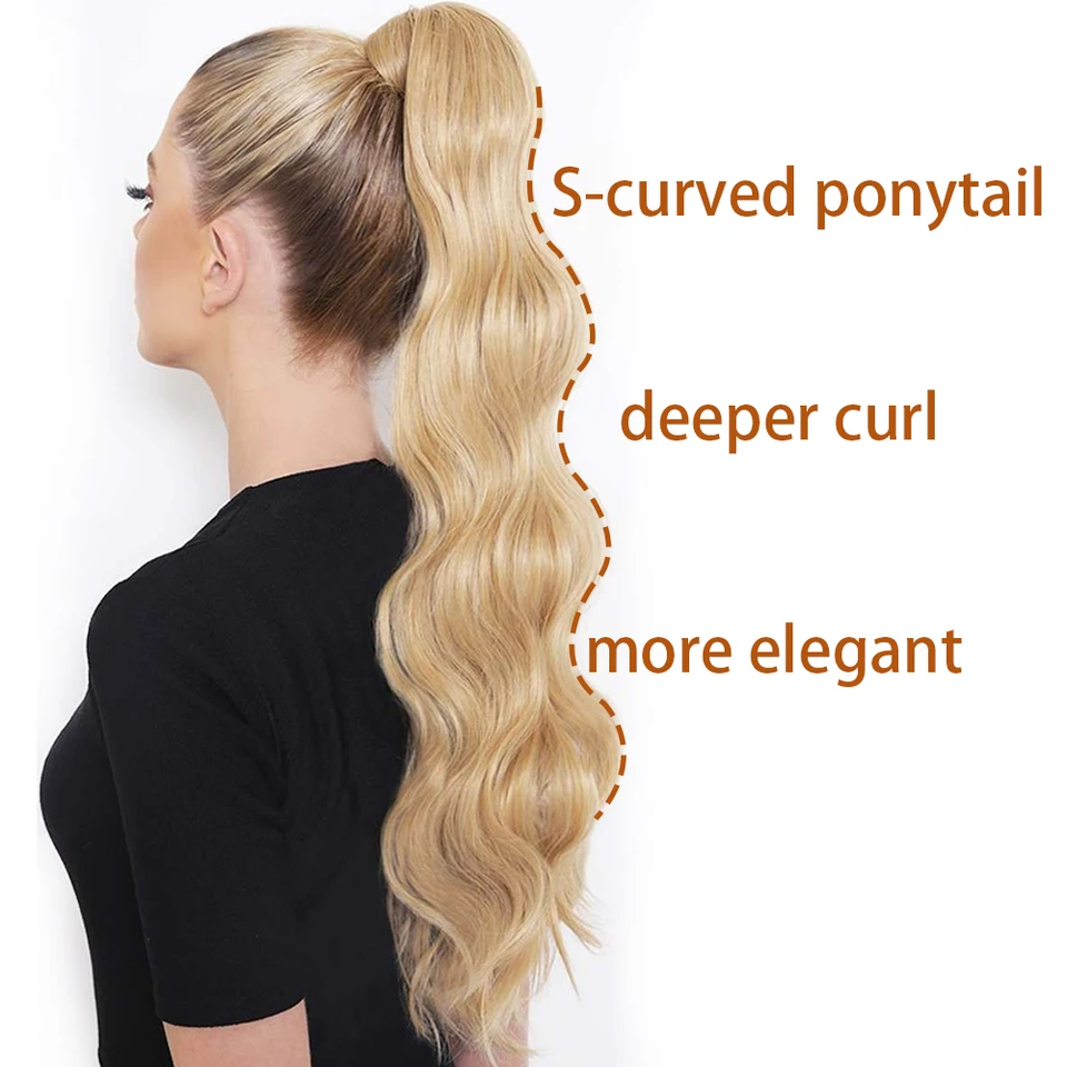 Extensión de cola de caballo sintética larga, onda Hollywood, cola de caballo envolvente, onda corporal con clip, rubia para mujer 6