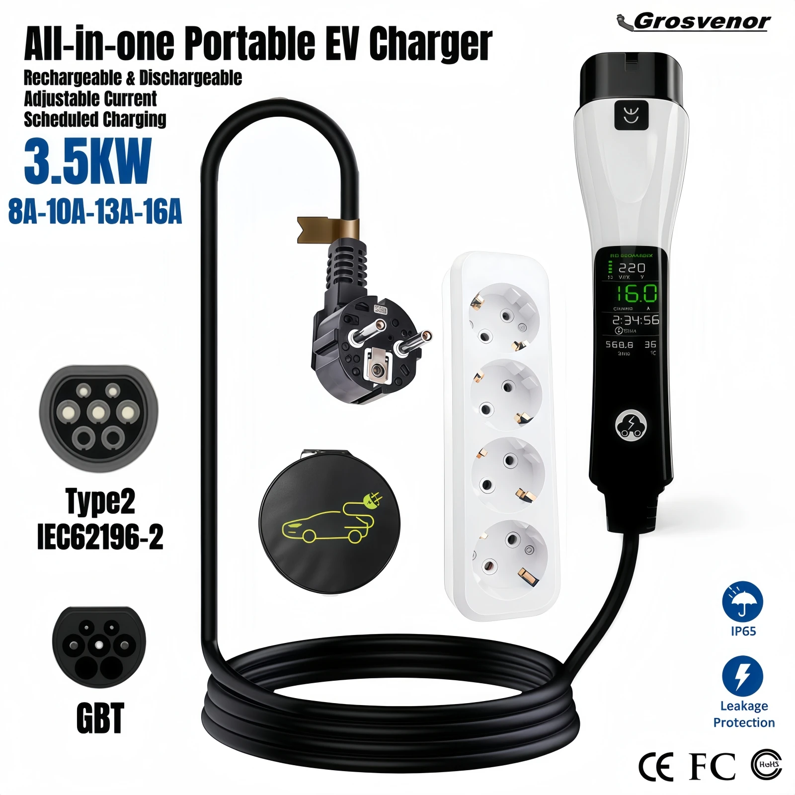 Type 2 Electric Car Charger 3.5KW Wallbox 16A EV Charger Type2 GBT Portable EV Chargers EU Plug IEC62196-2 with Display Screen