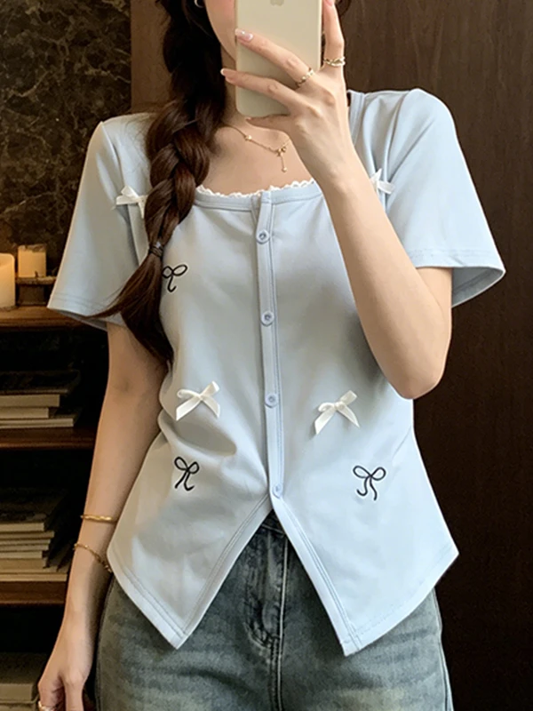 

Summer New plus Size Women's T-shirt Lace Trim Knot Embroidery Sweet Spicy Short Sleeve Korean Style Breathable Ski...