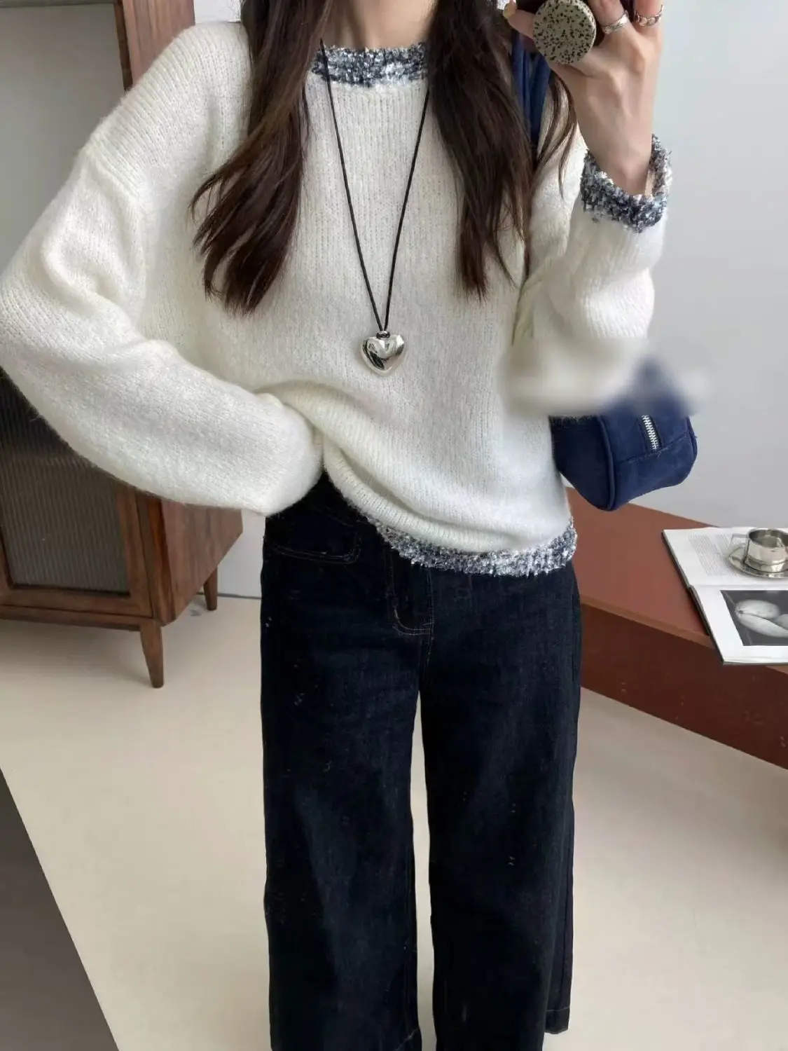 Korejpaa Korean Fashion Sweater Top 2024 Autumn Round Neck Sweet Glitter Pull Femme Outwear Casual Gentle Pullover Clothes