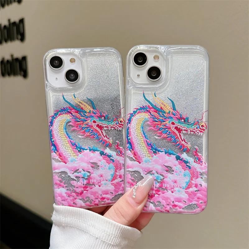 Dragon Bling Quicksand Case for iPhone 15 Pro Max 14 16 Phone Cover Brilliant Moving Sand Dynamic Liquid Shell Cute Clouds Funda