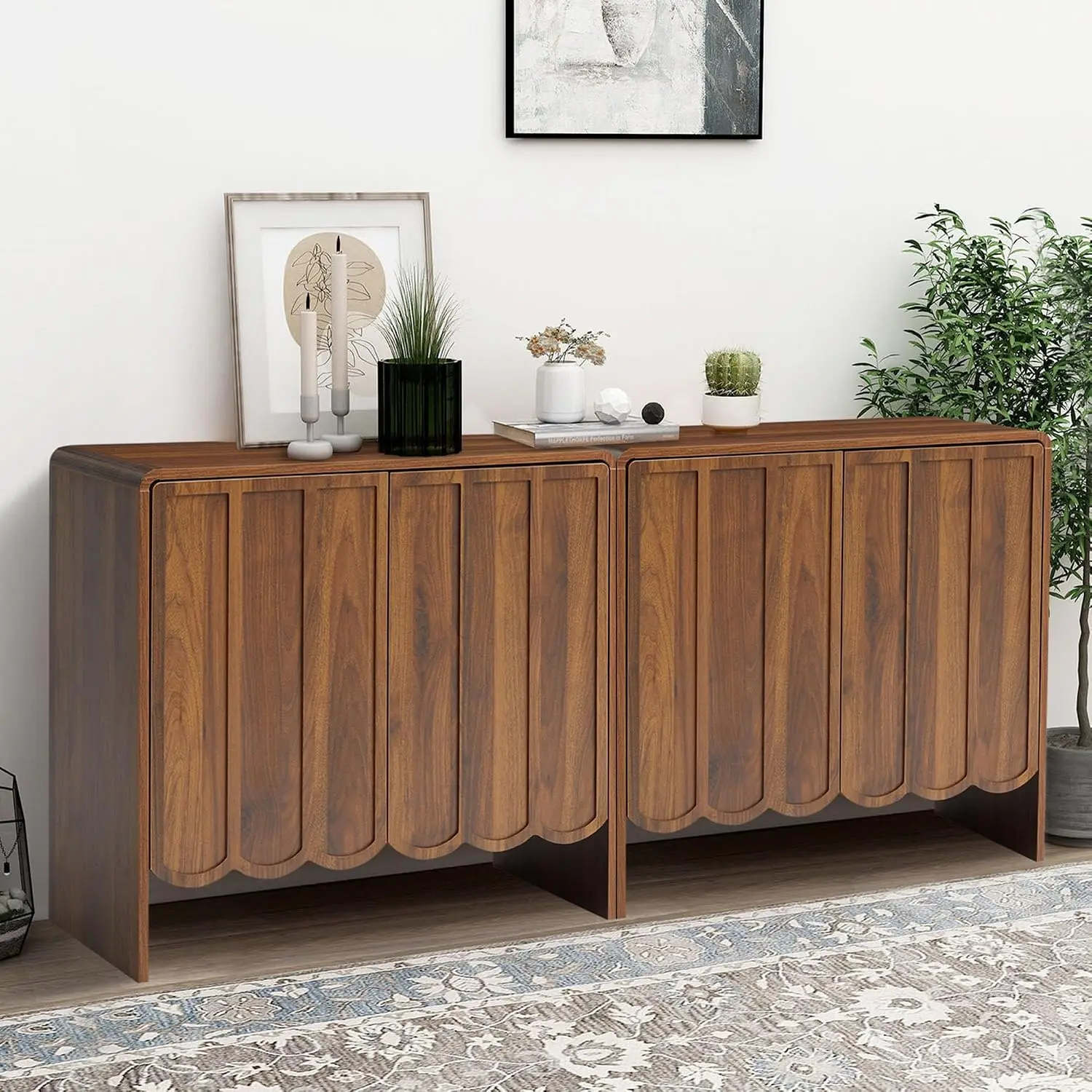 Farmhouse Wood Sideboard Cabinet Set of 2 with 2 Doors Adjustable Shelves Wave Panel Living Dining Room Walnut, Customized
