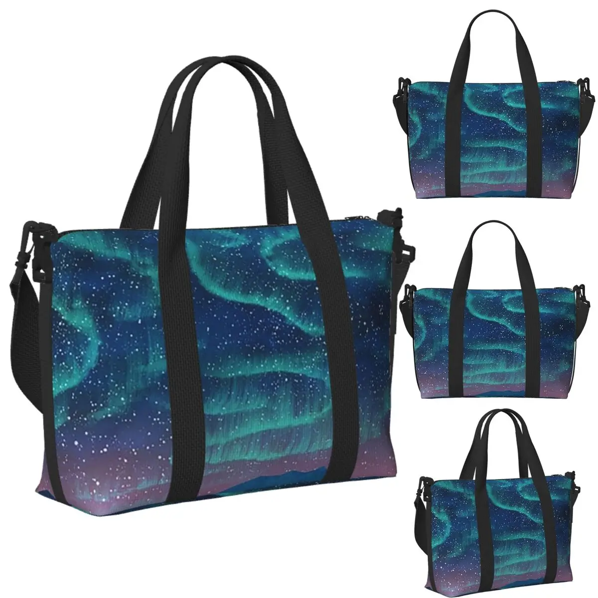 

Custom Aurora Borealis Over Mountain Beach Travel Bag Large Capacity Tote Bags for Gym Sport Women Shopping Duffle Shoulder Bag