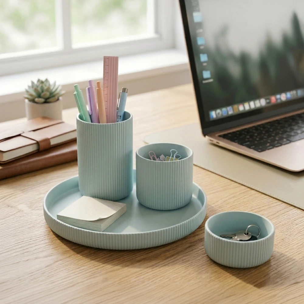 Ribbed Ceramic Desk Storage Set 3Pcs Cylindrical Pen Holder Tray Organizer Minimalist Desktop Stationery Cosmetic Brush Caddy Fo