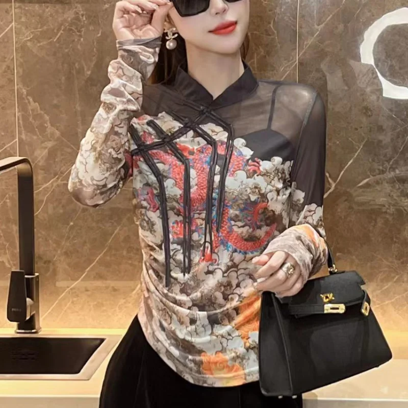 Women's Autumn New Stand Up Collar Pullover Fashionable and Elegant Lace Button Printed Thin T-shirt Long Sleeve Versatile Tops