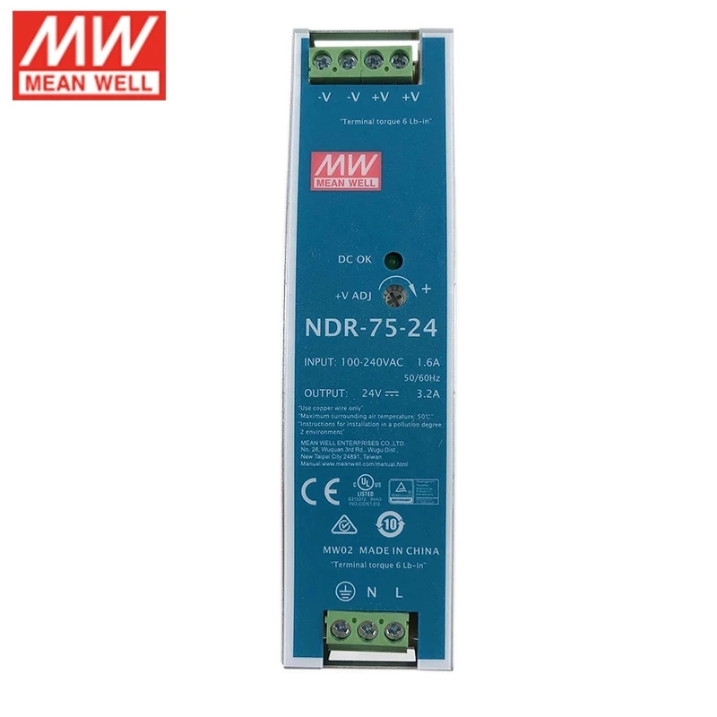 MEAN WELL Industrial Din Rail Mounted 75W Slim Single Output Switching Power Supply 12V 24V 48V NDR-75-12 NDR-75-24 NDR-75-48