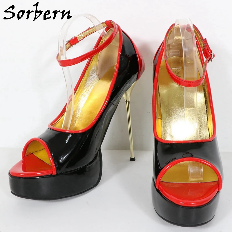 Sorbern 16cm ouro aço sapatos bombas femininas sexy peep toe tamanho 33-52 saltos altos tornozelo tiras preto e vermelho tamanho grande sapatos