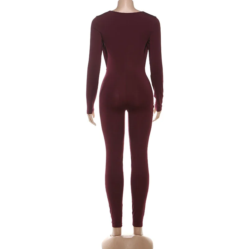 Metalen Gesp Strapless Vrouwen Solid Skinny Jumpsuits Swingende Kraag Lange Mouw Perzik Heupen Slanke Eendelige Overalls Streetwear