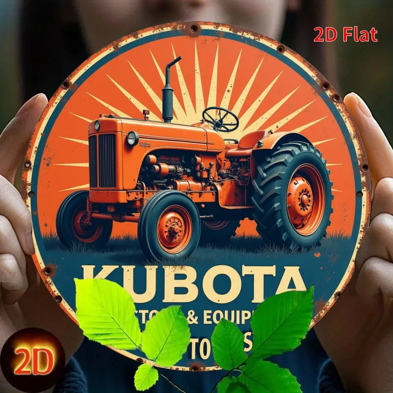[2D Flat] Arte de pared de metal redondo vintage "Tractor y equipo Kubota" - Escena agrícola rústica con tractor naranja, fácil de colgar, Bohem