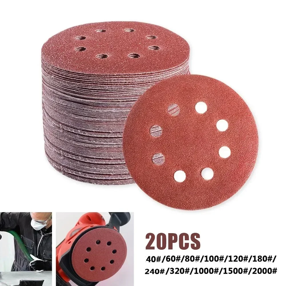 20Pcs 5 Inch 125mm Round Sandpaper 8-Hole Sanding Discs Sanding Paper Buffing Sheet Sandpaper Set 40-2000 Grits